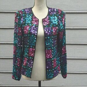 Vintage Sweelo Multicolor Silk Sequin Jacket with Shoulder Pads